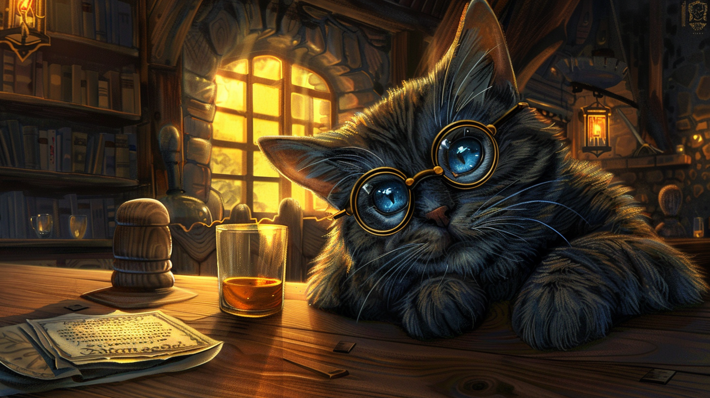 Graue Katze mit goldener Brille an einem Tisch in einer fantastischen Tavernen-Umgebung. Sie liegt über einer alten Karte gebeugt, neben einem Whiskyglas. Die Szenerie ist detailreich illustriert mit mittelalterlich anmutenden Lampen und Fenstern im Hintergrund.