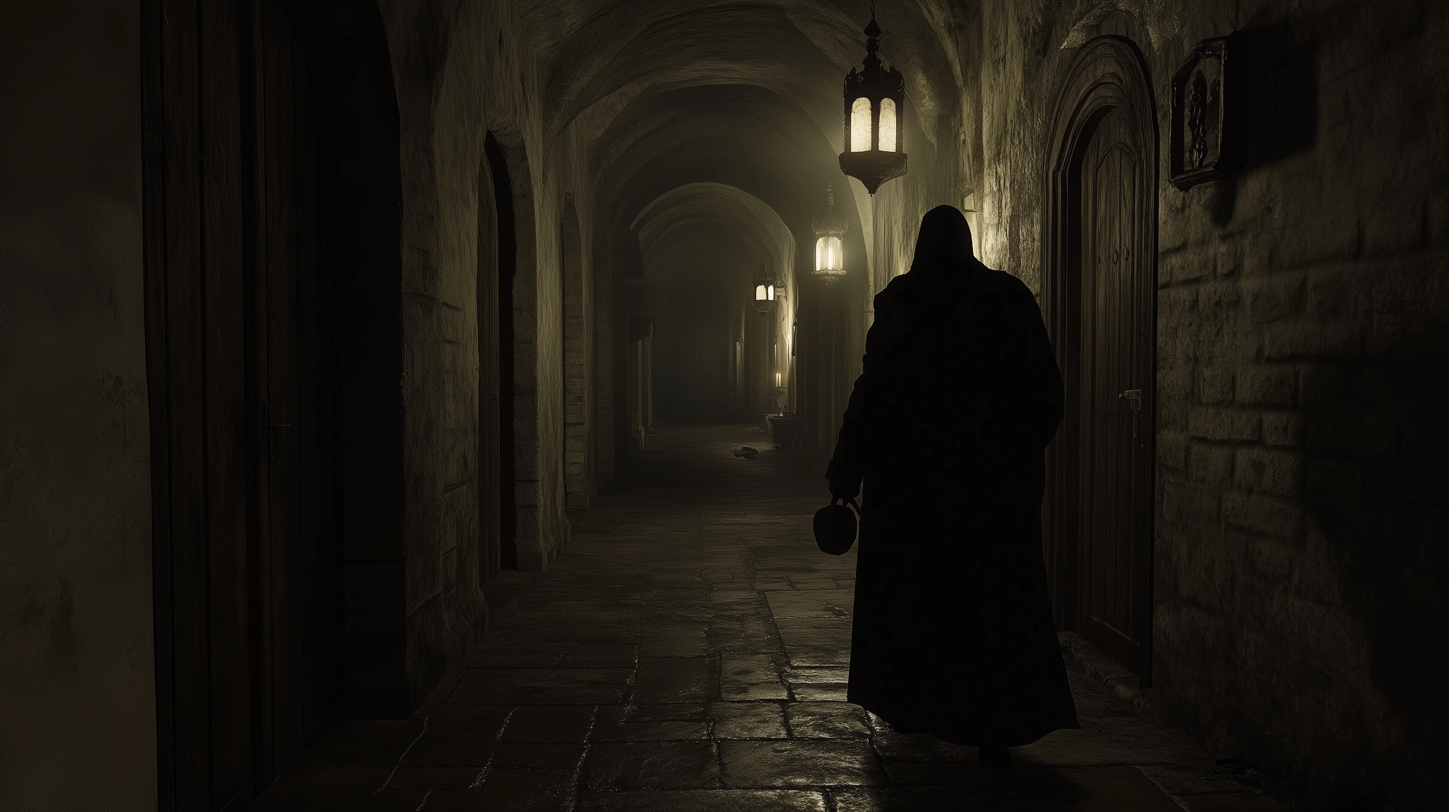 Ein langer, dunkler Korridor in einem mittelalterlichen Kloster. Steinerner Boden und Wände mit schweren Holztüren. Der Gang wird kaum von einigen flackernden Lichtern beleuchtet. Die Silhouette eines einsamen Mönchs, der eine kleine Laterne trägt, bewegt sich durch den Flur. Hinter verschlossenen Türen sind geisteskranke Bewohner zu erahnen.